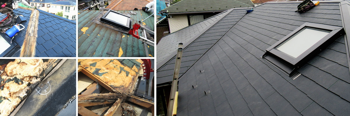 スレート屋根、雨漏りで屋根葺き替え